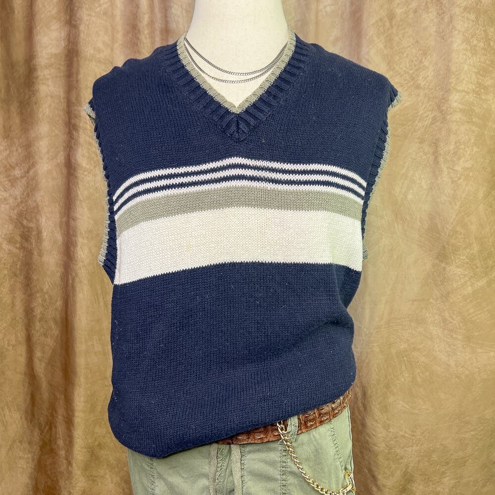 Vintage Y2K Striped Sweater Vest Knit Sleeveless V Neck Skater Academia Indie